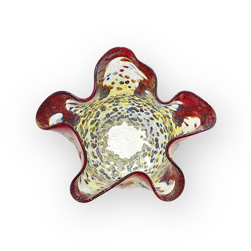 Filippo Maso - Βάζο -  Κόκκινο μαντήλι με ασημένιο φύλλο και μυρίνες. - Γυαλί Murano #3.2