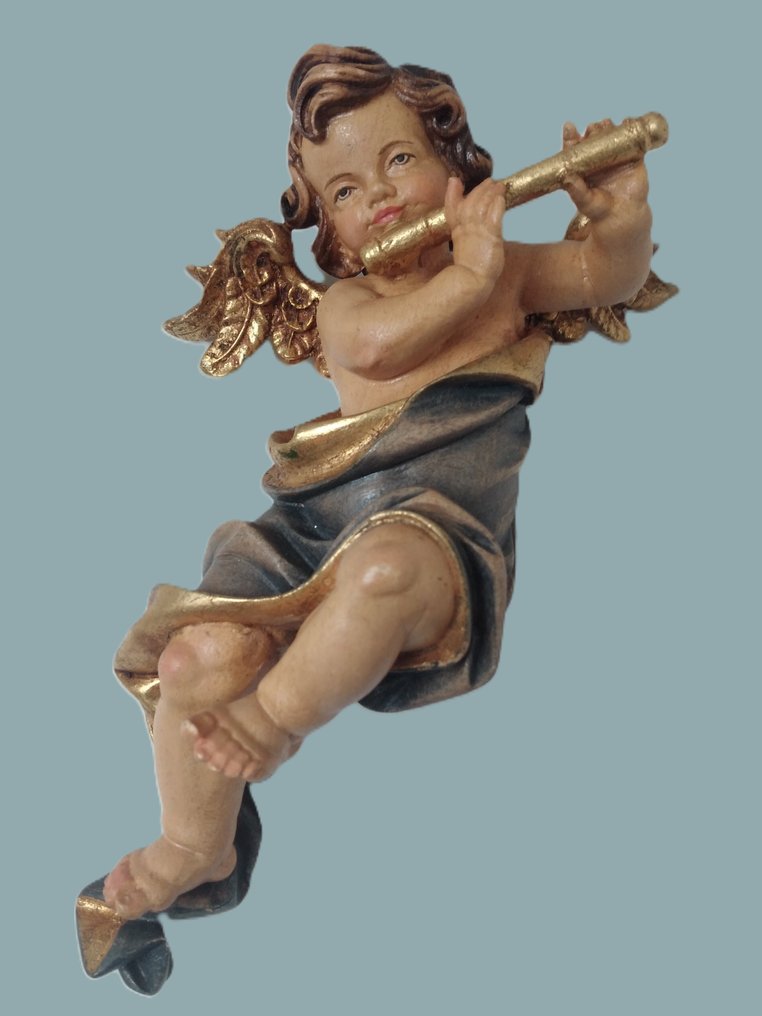 Intaglio, Farbiger Engel mit Querflöte - Schutzengel - Wandfigur - 18 cm - Legno #1.0