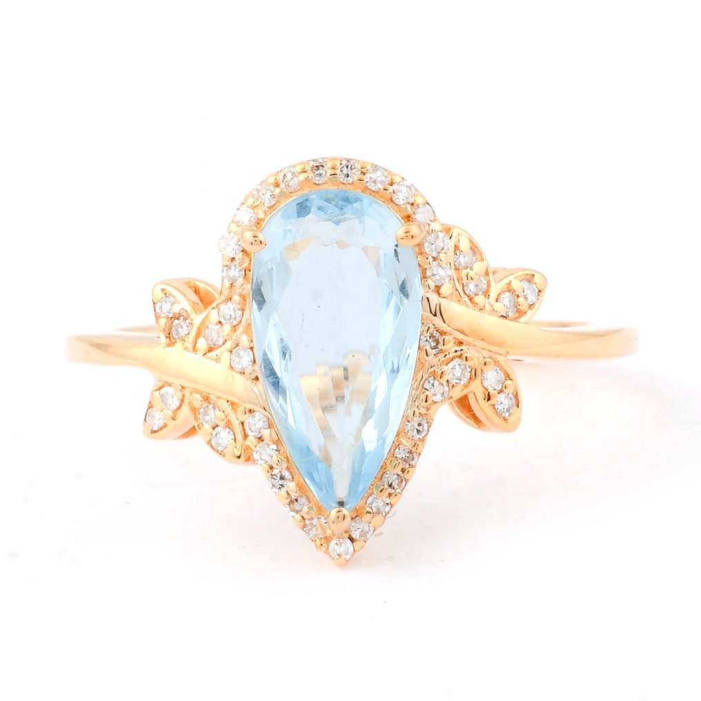 Ingen reservasjonspris - Ring - 14 karat Gull - 1.32ct. tw. Akvamarin - Diamant #1.0