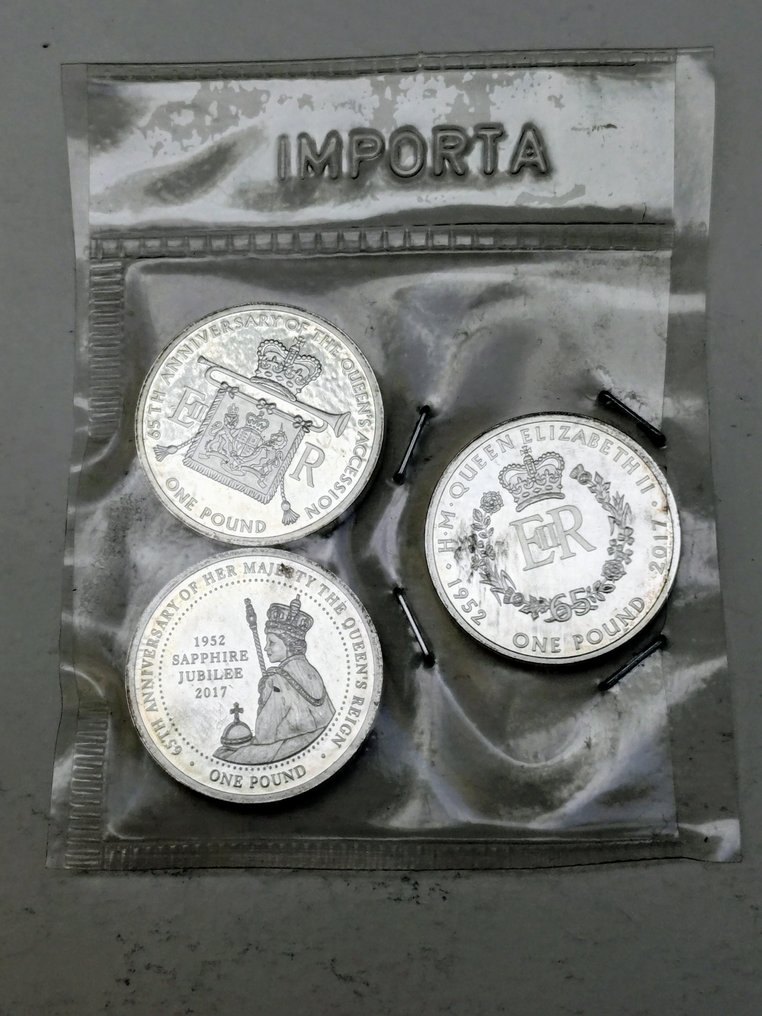 特里斯坦-达库尼亚群岛(英国海外领土). 1 Pound 2017 Queen Sapphire Jubilee, 3 pieces (没有保留价) #1.0