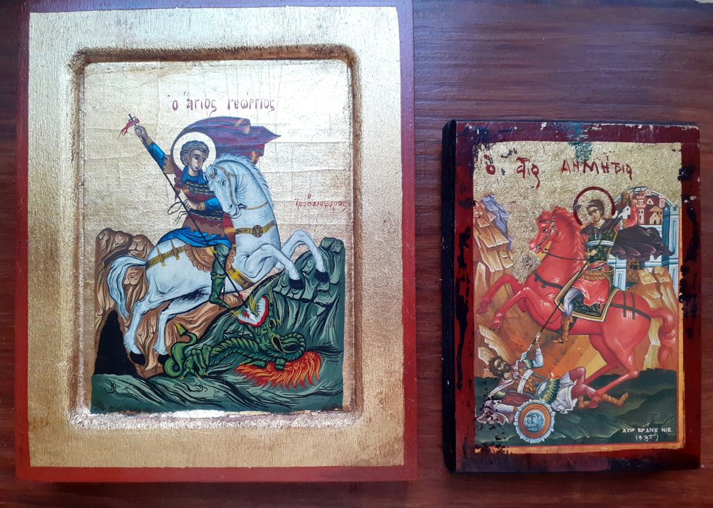 Εικόνα - Γεώργιος ο Δρακοκτόνος, Δημήτριος της Θεσσαλονίκης - Gold leaf, Walnut - Δύο ελληνικές εικονίδες. #1.0