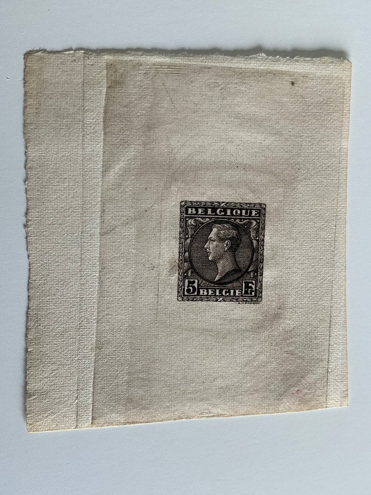 Belgio 1928 - Albert 1 - Prova di moneta da 5 franchi MAUCQUOY su piccolo foglietto. #1.0