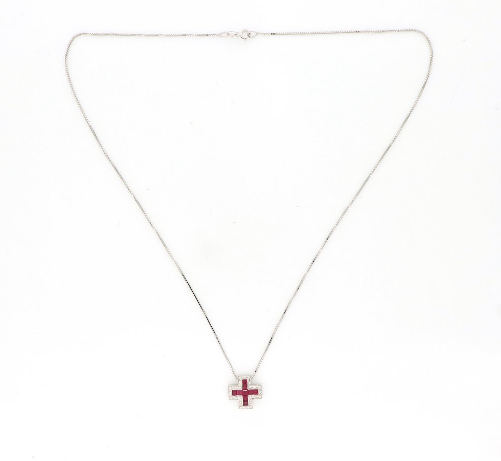 没有保留价 - 吊坠项链 - 18K包金 白金 -  0.36ct. tw. 钻石 (天然)  - 红宝石 #3.2