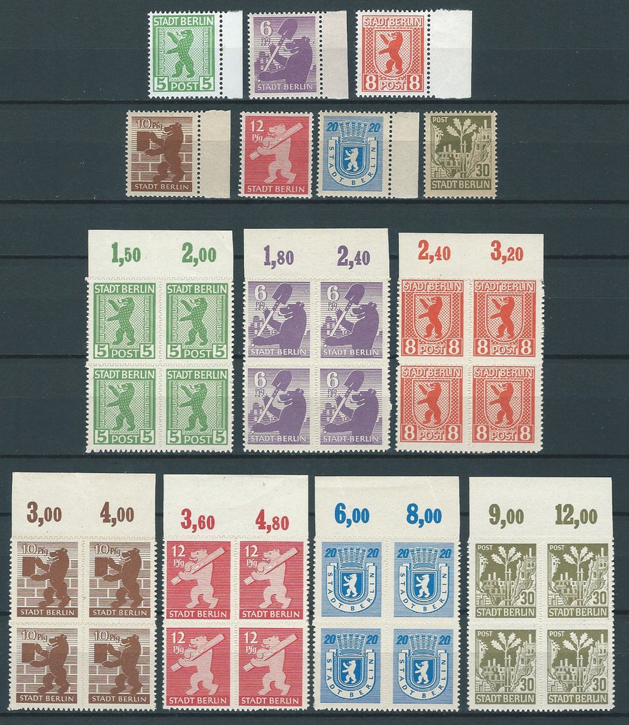 同盟国军事占领德国(苏维埃区域） 1945 - 柏林-勃兰登堡地区，A型和B型系列（每组四个块） - Michel 1/7A, 1/7B #1.0