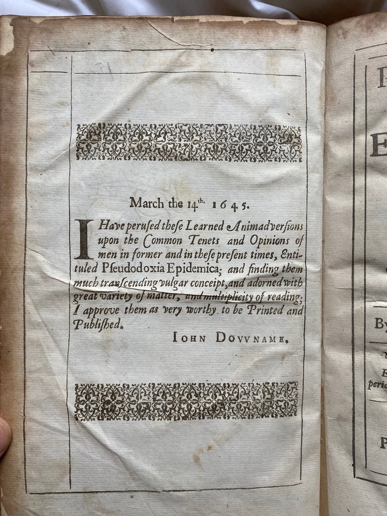 BROWNE, Sir Thomas - Pseudodoxia epidemica: or, Enquiries into very many received tenents, and commonly presumed truths. - 1646 #2.1