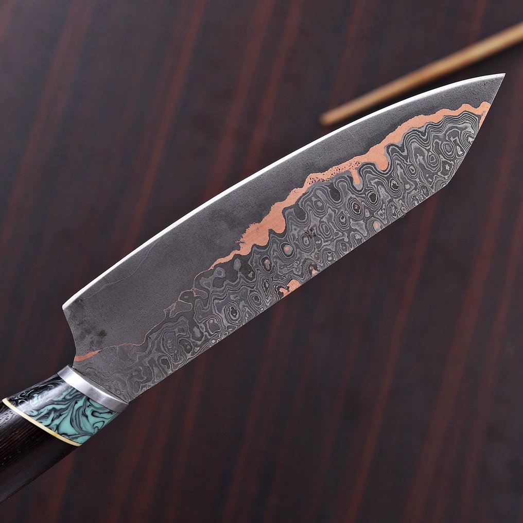 Handcrafted Steel Kitchen Knife with Copper Core - 餐刀 - 铜, 木 - A106 #4.3