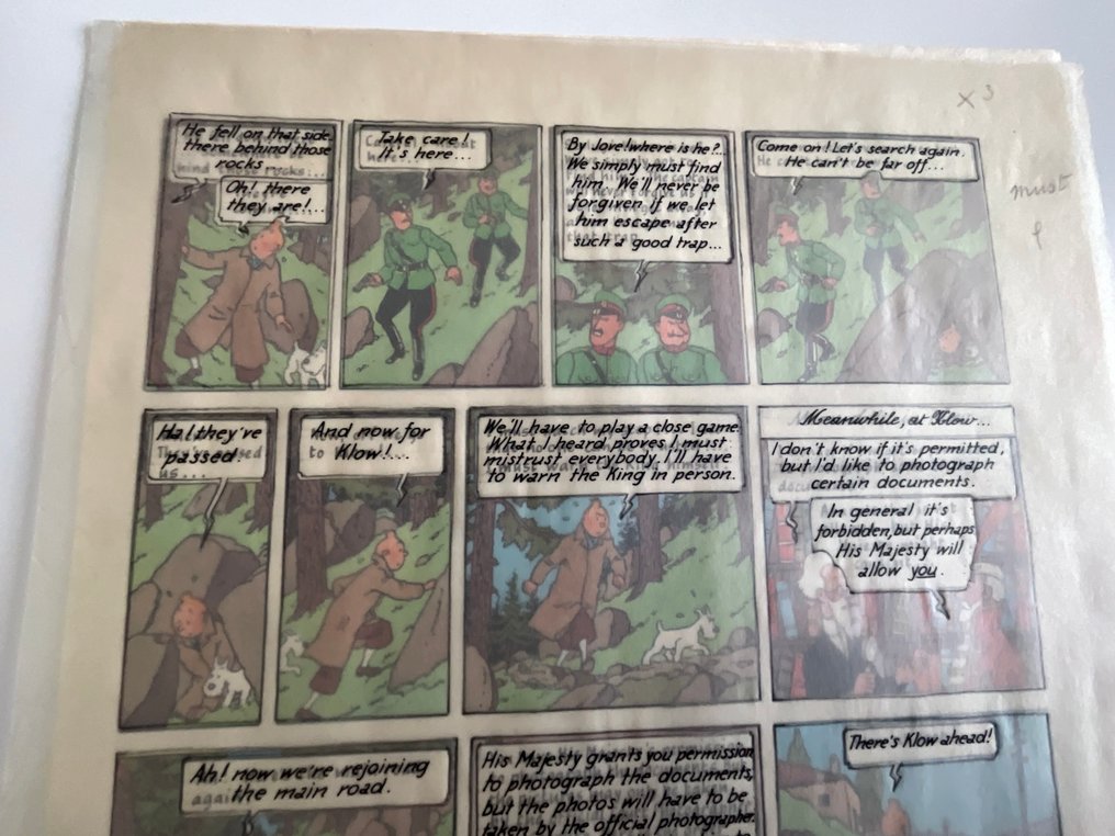 Hergé - Making Of page 33 - texte manuscrit sur calque et page correspondante METHUEN. #2.1
