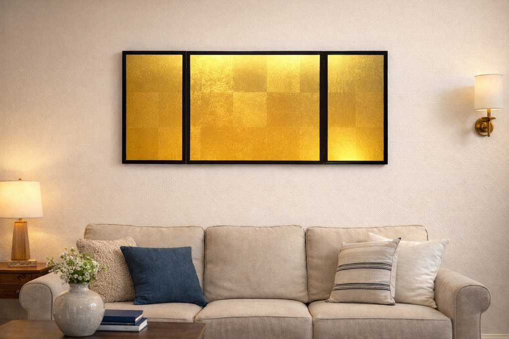 金色折叠屏风——三折（San-kyoku）用于雏人偶、插花和墙面展示（无保留） - 紙, 木 - 日本 - 昭和年代(1926-1989) #1.0