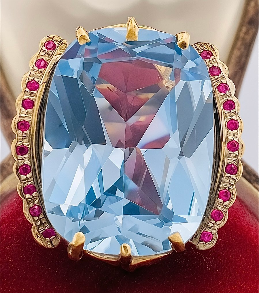 Ingen mindstepris - Ring - 9 kt. Gulguld, Sølv Akvamarin - Rubin #1.0