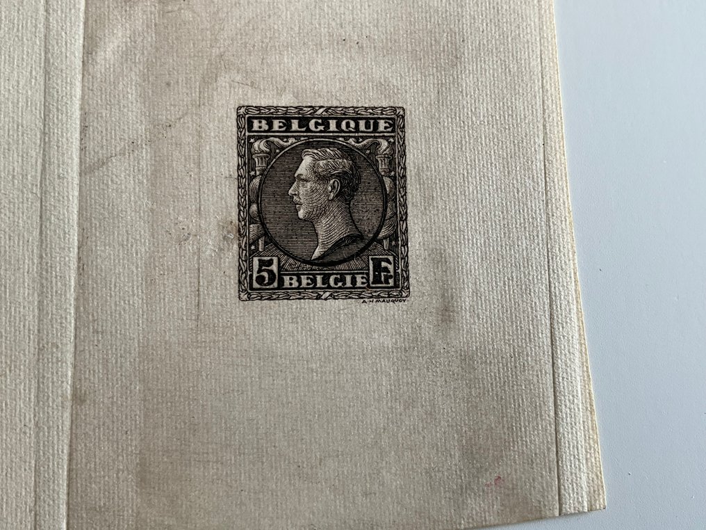Belgio 1928 - Albert 1 - Prova di moneta da 5 franchi MAUCQUOY su piccolo foglietto. #1.0