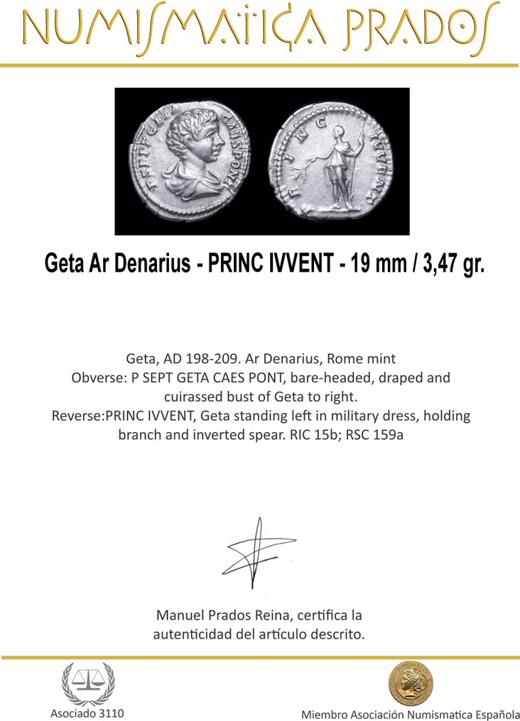 羅馬帝國. Geta (AD 209-211). Denarius PRINC IVVENT  (沒有保留價) #1.0