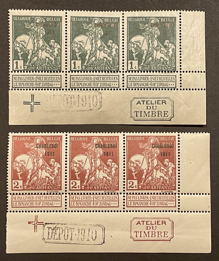 Βέλγιο 1910/1911 - Caritas «Charleroi 1911» - Ολόκληρη σειρά σε σελίδα με φύλλο και σφραγίδα αποθήκευσης - μετά την - OBP/COB 100/07 #4.3