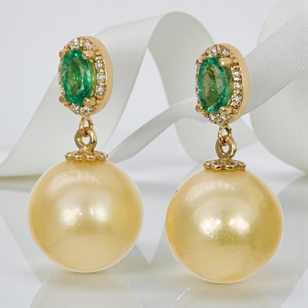 没有保留价 - G&J - 鸡尾酒耳环 - 14K包金 黄金 祖母绿 - 钻石 - Emeralds&Diamonds, SSP #2.1