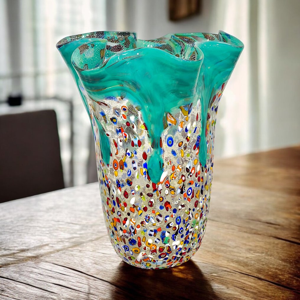 Filippo Maso - Βάζο -  Πράσινο βάζο με ασημένιο φύλλο και murrine. - Γυαλί Murano #1.0