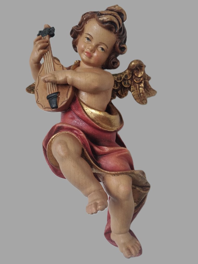 Σκάλισμα, Farbiger Engel mit Mandoline  - Schutzengel - Wandfigur - 18 cm - Ξύλο #1.0