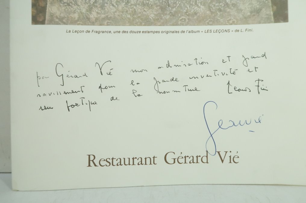 Signé; Léonor Fini & Gérard Vié - [Menu pour le restaurant Les Trois Marches à Versailles ; avec envoi de l'artiste] - 1991 #2.1