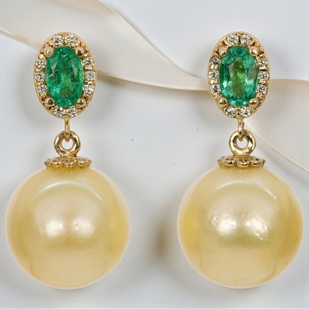 没有保留价 - G&J - 鸡尾酒耳环 - 14K包金 黄金 祖母绿 - 钻石 - Emeralds&Diamonds, SSP #1.0