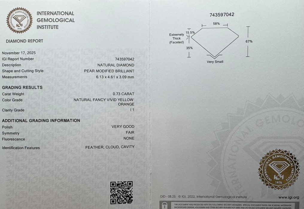 没有保留价 - 1 pcs 钻石  (天然色彩的)  - 0.73 ct - 梨形 - Fancy vivid 黄色 橙色 - I1 内含一级 - 国际宝石研究院（IGI） #2.1