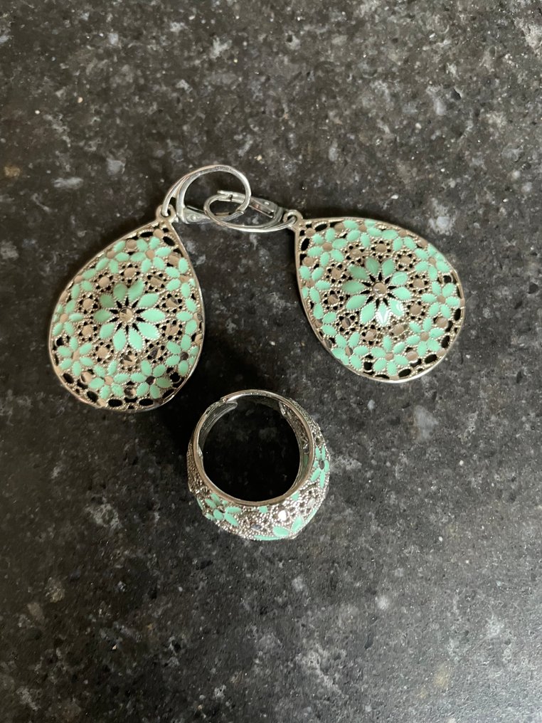 χωρίς τιμή ασφαλείας - Σετ κοσμημάτων 3 τεμαχίων Ασημί, σμάλτο - Βάλε σκουλαρίκια και δαχτυλίδι. #1.0