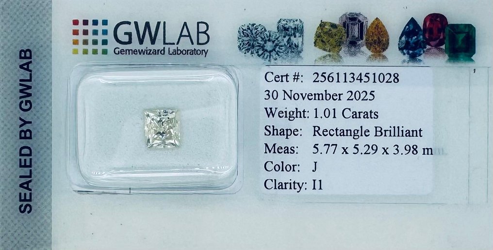 没有保留价 - 1 pcs 钻石  (天然)  - 1.01 ct - 矩形 - J - I1 内含一级 - Gemewizard宝石实验室（GWLab） #2.1