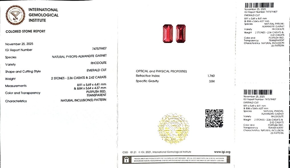 No Reserve Price - 2 pcs Garnet, Rhodolite - 4.72 ct - International Gemological Institute (IGI) - Pair #2.1