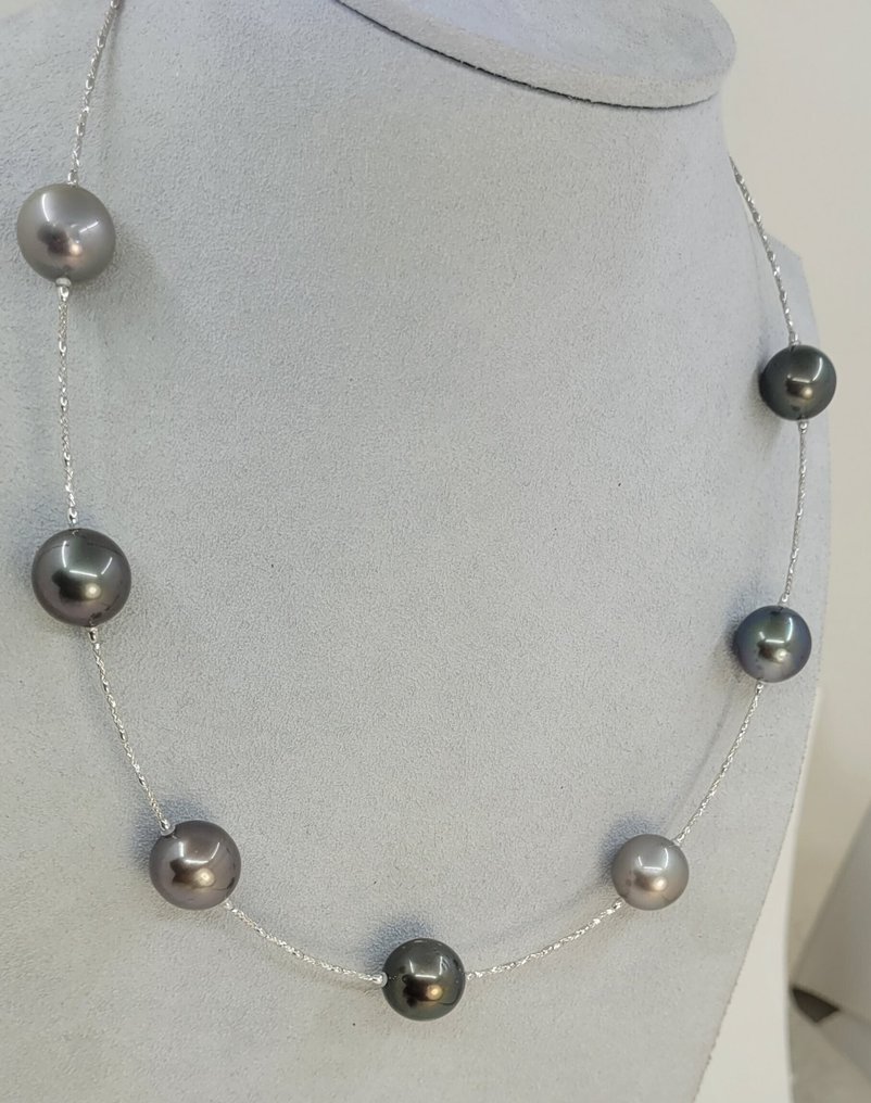 頸鏈 - 18 克拉 白金 - 圆形大溪地珍珠 #2.1