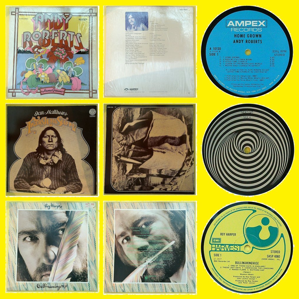 Andy Roberts, Ian Matthews, Roy Harper - 多位藝術家 - 1. Home Grown 2. Tigers Will Survive 3. Bullinamingvase - 多個標題 - LP 專輯(多個) - 第一批 模壓雷射唱片 - 1971 #1.0