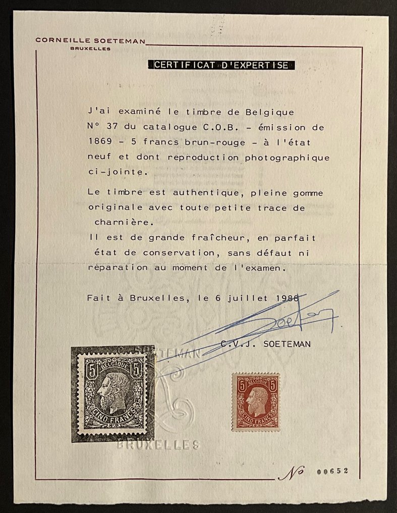 Belgium 1869 - Leopold II - 5 franc Brown Red - certificate Soeteman - Beautiful Centrage - OBP 37 #1.0