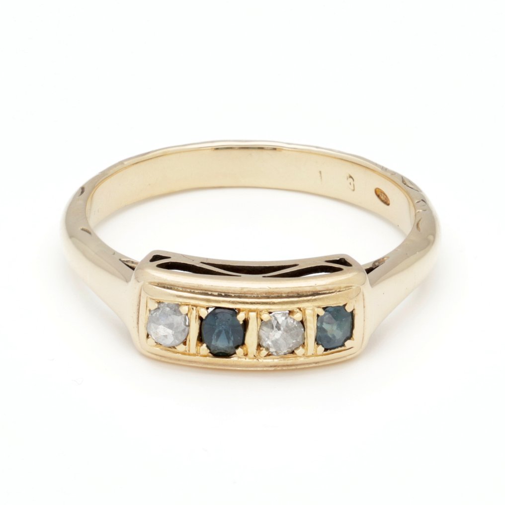 戒指 - 14K包金 黄金 钻石 (天然) - 蓝宝石 #1.0