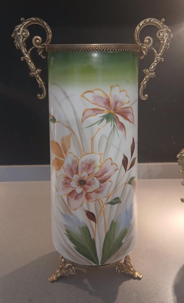 壁爐配件 (3) - 一组三个玻璃和绘制铜制成的花瓶 #3.2