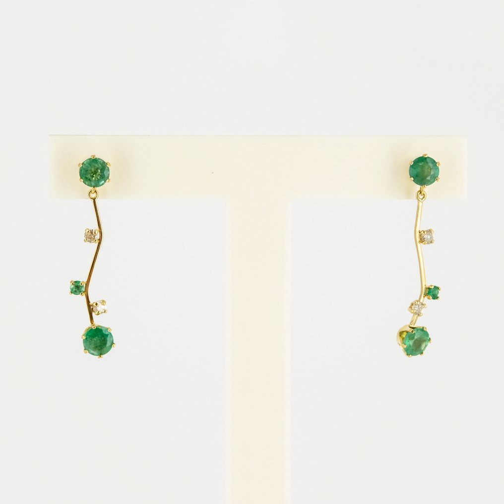 Σκουλαρίκια - 18 καράτια Κίτρινο χρυσό - 3.70ct. tw. Σμαράγδι - Διαμάντι #1.0
