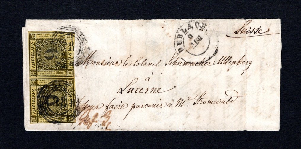 巴登 1853 - 触碰过的华丽对在外部双折信封上 - Michel 7 (2) #1.0