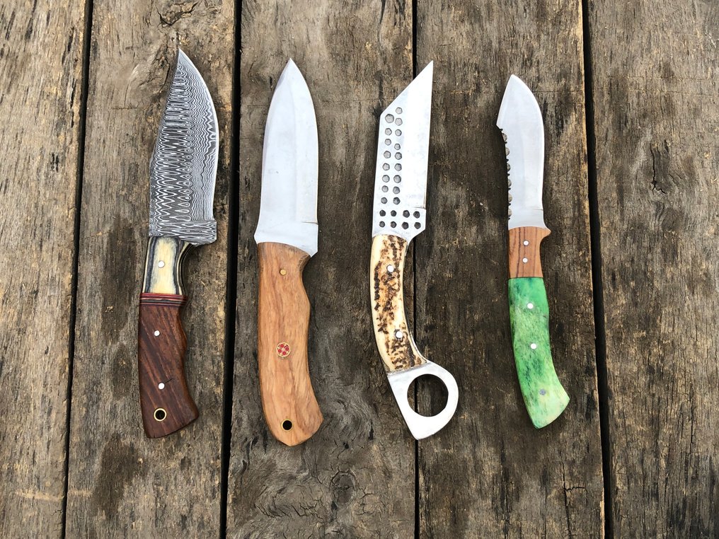 Køkkenkniv - Prestigefyldte håndlavede skinnersknive, smedet stål, hjortetak, træ og sjældent håndtag - Nordamerika - Læderskede TD1 #1.0