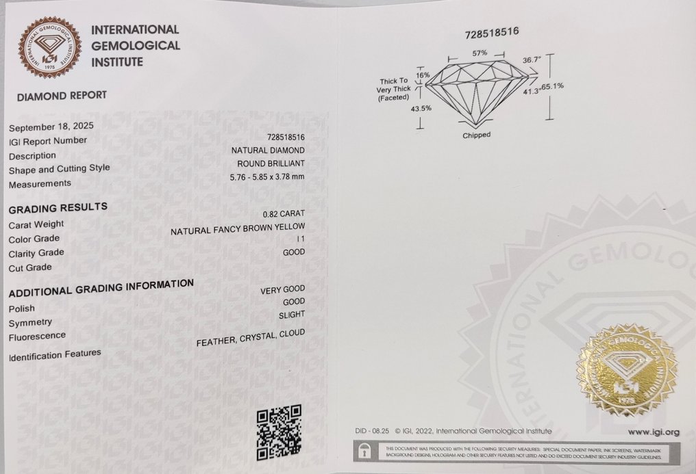 Fără preț de rezervă - 1 pcs Diamant (Colorat natural) - 0.82 ct - Rotund - Fancy Maro Galben - I1 - IGI (Institutul gemologic internațional) #4.3