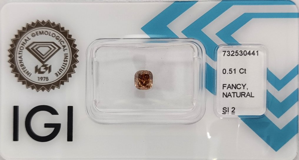 Ei pohjahintaa - 1 pcs Timantti  (Luonnonvärinen)  - 0.51 ct - Cushion (pyöristetty neliö) - Fancy deep Kellertävä Oranssi - SI2 - Kansainvälinen gemologinen instituutti (IGI) #1.0