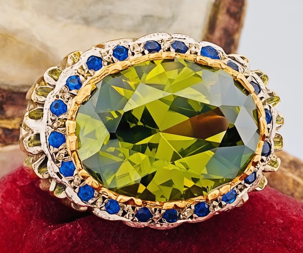 Ingen reservasjonspris - Ring - 9 karat Gull, Sølv Peridot - Safir #3.2