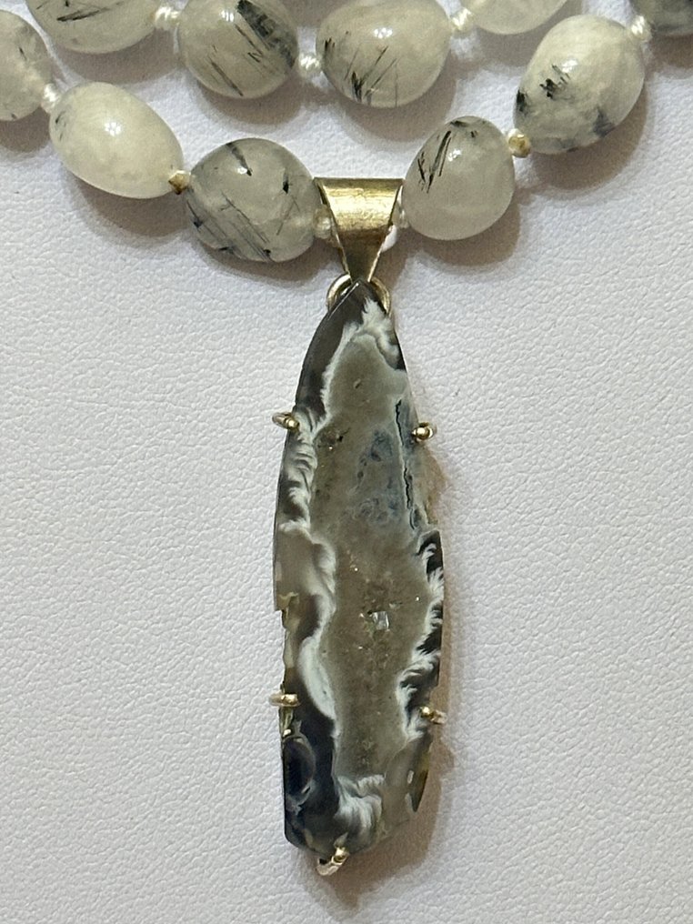 Cuarzo Rutilo și Agate Quartz Geode Druzy (51 x 15 mm) / 1115 ct / Calitate înaltă AAA - Colier - Cieștere din argint 925 #1.0