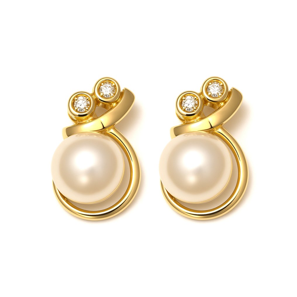 耳环 - 18K包金 黄金 -  0.06ct. tw. 钻石 (天然)  - 珍珠 #3.2