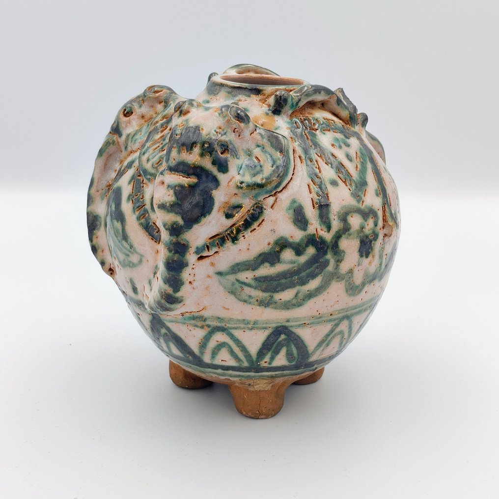 古老的兰纳王国 釉面陶瓷 大象头形状的药油瓶，配有花卉装饰 - 155 mm #3.2