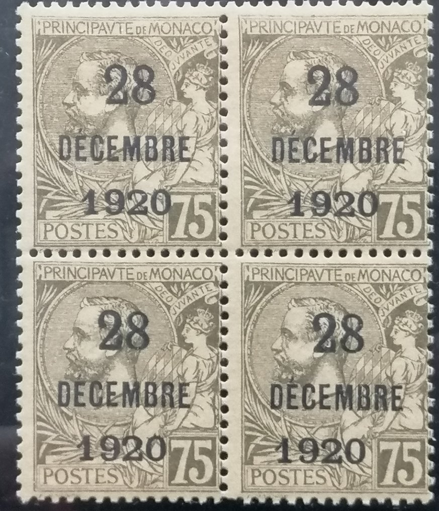 摩纳哥 1921 - 1901/21年Albert 1°邮票加盖，估价526欧元。 - Yvert et Tellier 48/50**.Bloc de 4. #2.1