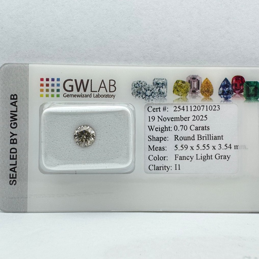 χωρίς τιμή ασφαλείας - 1 pcs Διαμάντι (Φυσικού χρώματος) - 0.70 ct - Στρογγυλό - Fancy light Γκρίζο - I1 - Gemewizard Gemological Laboratory (GWLab) #4.3