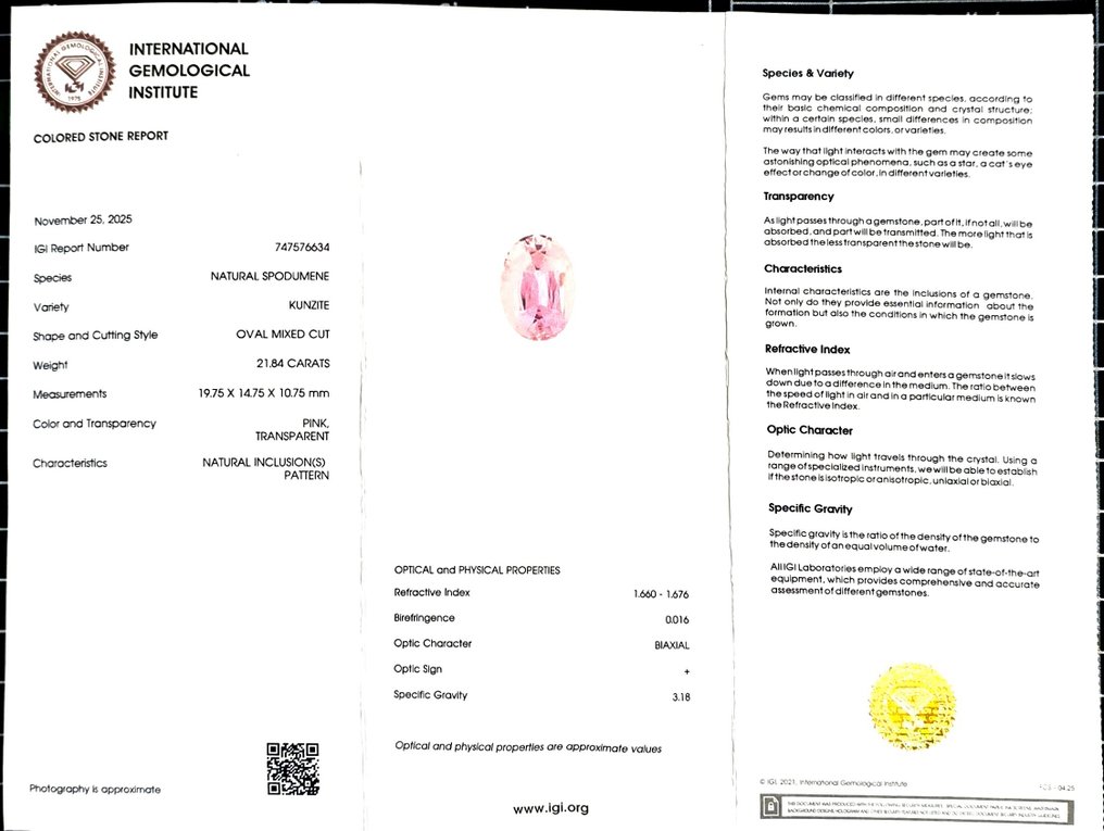 Ingen mindstepris Lyserød Kunzit - 21.84 ct - International Gemological Institute (IGI) #2.1