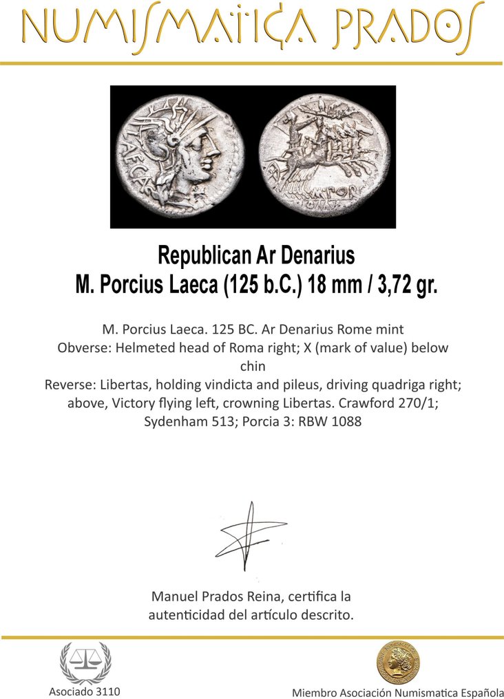 Ρωμαϊκή Δημοκρατία. M. Porcius Laeca, 125 BC. Denarius Rome  (χωρίς τιμή ασφαλείας) #1.0