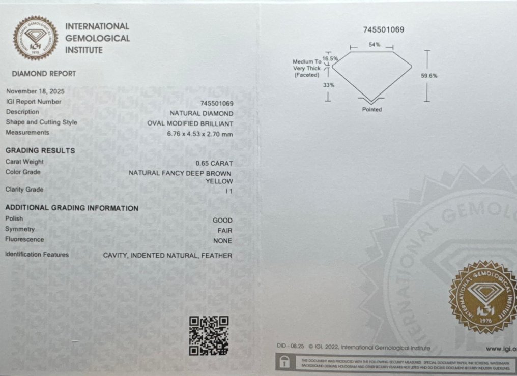 没有保留价 - 1 pcs 钻石  (天然色彩的)  - 0.65 ct - 椭圆形 - Fancy deep 棕色 黄色 - I1 内含一级 - 国际宝石研究院（IGI） #2.1