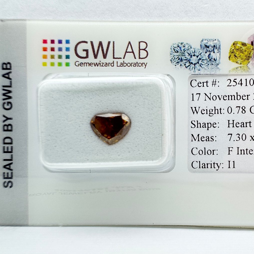 Sin Precio de Reserva - 1 pcs Diamante  (Color natural)  - 0.78 ct - Corazón - Fancy intense Naranja Marrón - I1 - Gemewizard Gemological Laboratory (GWLab) #3.2