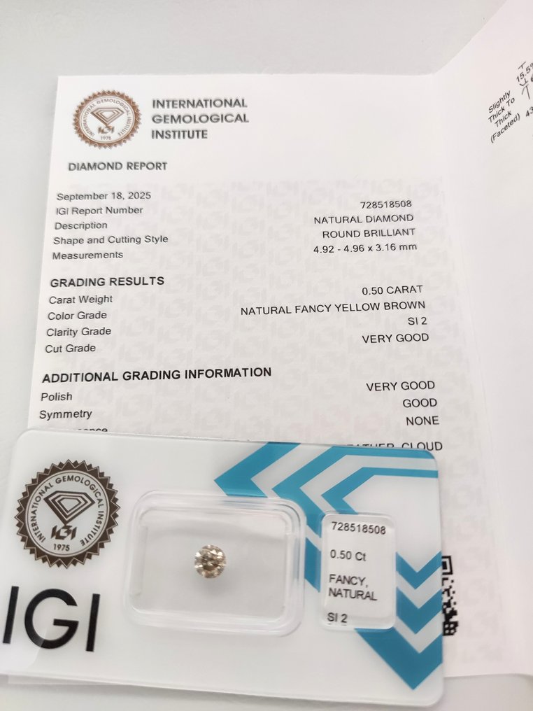 没有保留价 - 1 pcs 钻石 (天然色彩的) - 0.50 ct - 圆形 - Fancy 黄色 棕色 - SI2 微内含二级 - 国际宝石研究院(IGI) #3.2