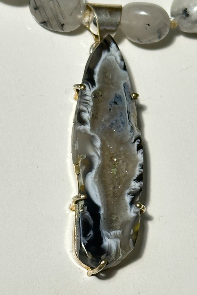 Cuarzo Rutilo și Agate Quartz Geode Druzy (51 x 15 mm) / 1115 ct / Calitate înaltă AAA - Colier - Cieștere din argint 925 #3.2