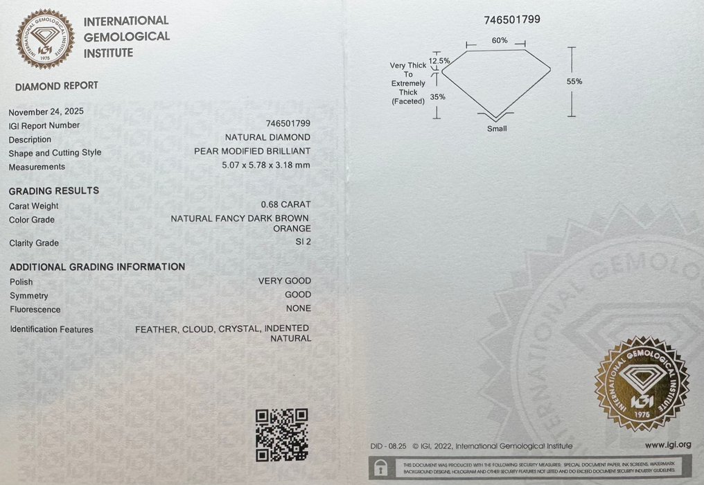 沒有保留價 - 1 pcs 鑽石  (天然彩色)  - 0.68 ct - 梨形 - Fancy dark 褐色 橙色 - SI2 - 國際寶石學院（International Gemological Institute (IGI)） #2.1