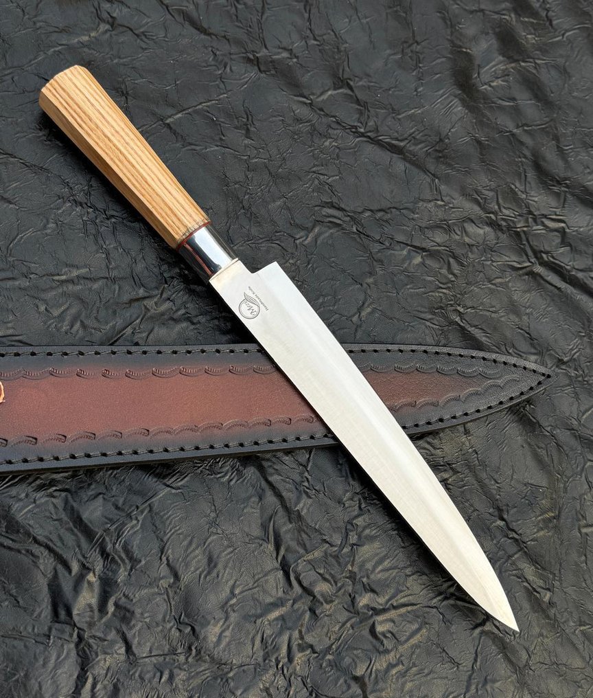 厨刀 - 日式风格。手工厨房刀，ASH木材。银色护手，皮革10/47。 - 亚洲 #4.3