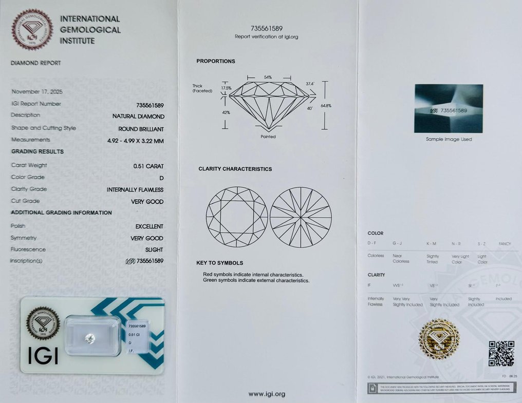 No Reserve Price - 1 pcs Diamond  (Natural)  - 0.51 ct - Round - D (colourless) - IF - International Gemological Institute (IGI) - *VG EX SL* #2.1